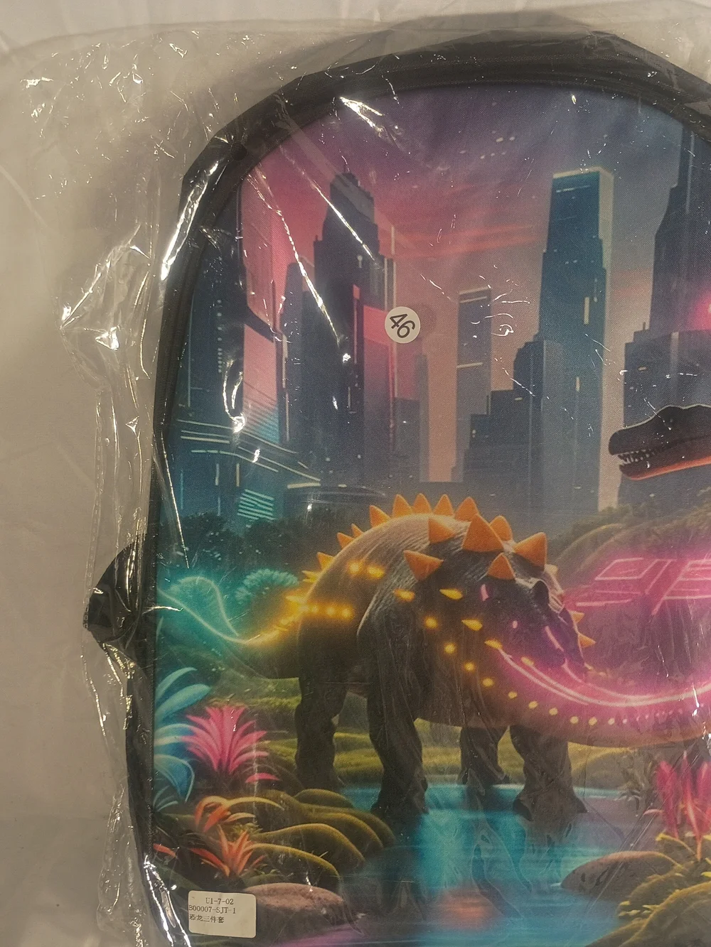 Neon Dinosaur Backpack with Cityscape